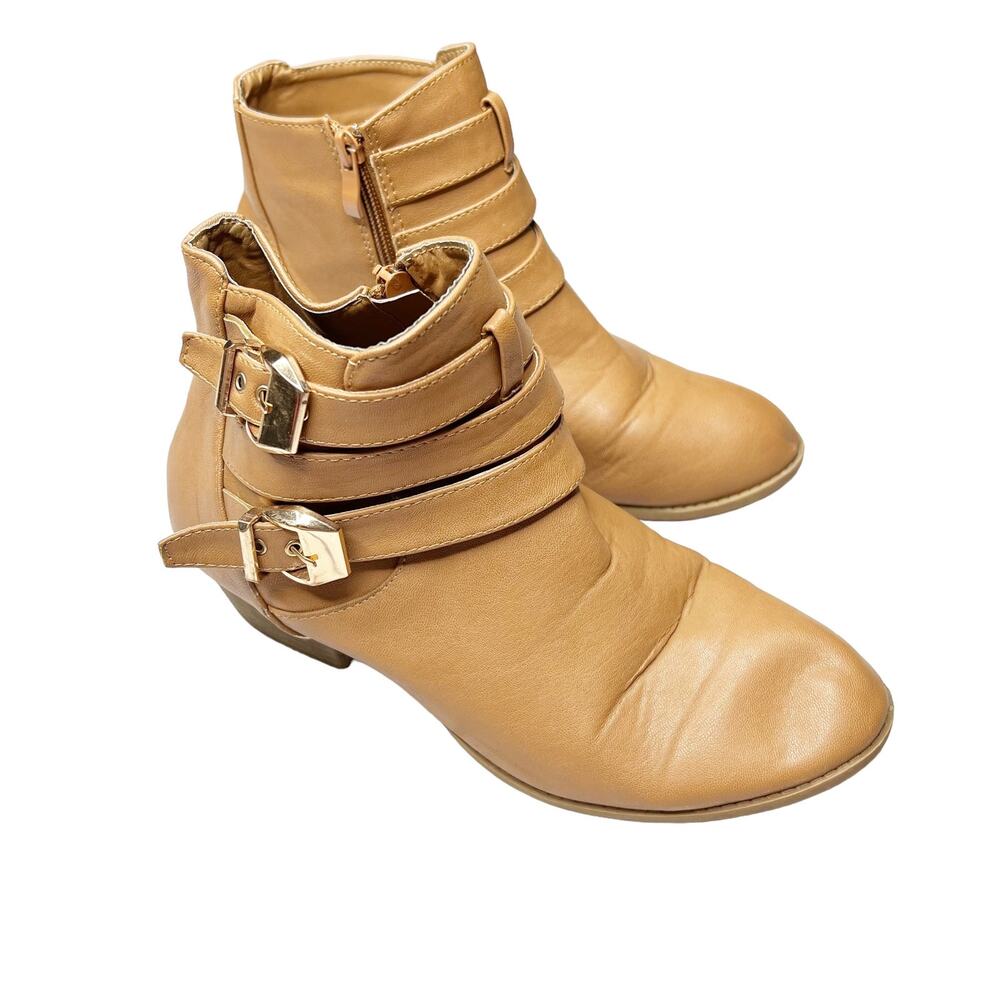 Top Moda Strappy Buckle Ankle Booties Stacked Low Heels Brown Leather Sz 10
